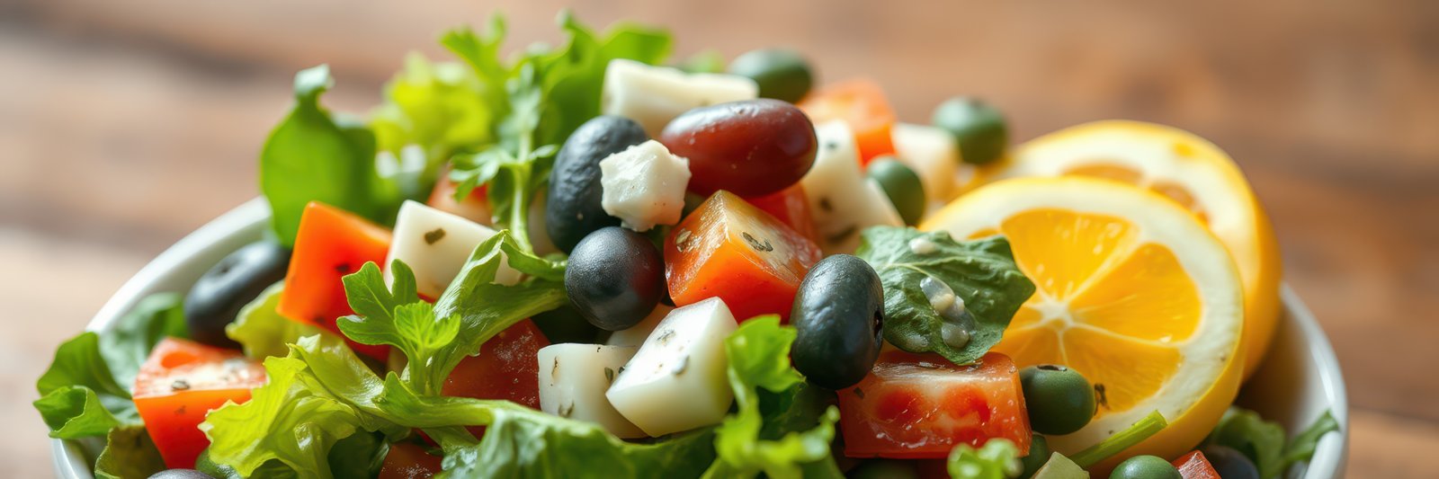 Fresh salad with colorful vegetables and lemon slices served in a bowl